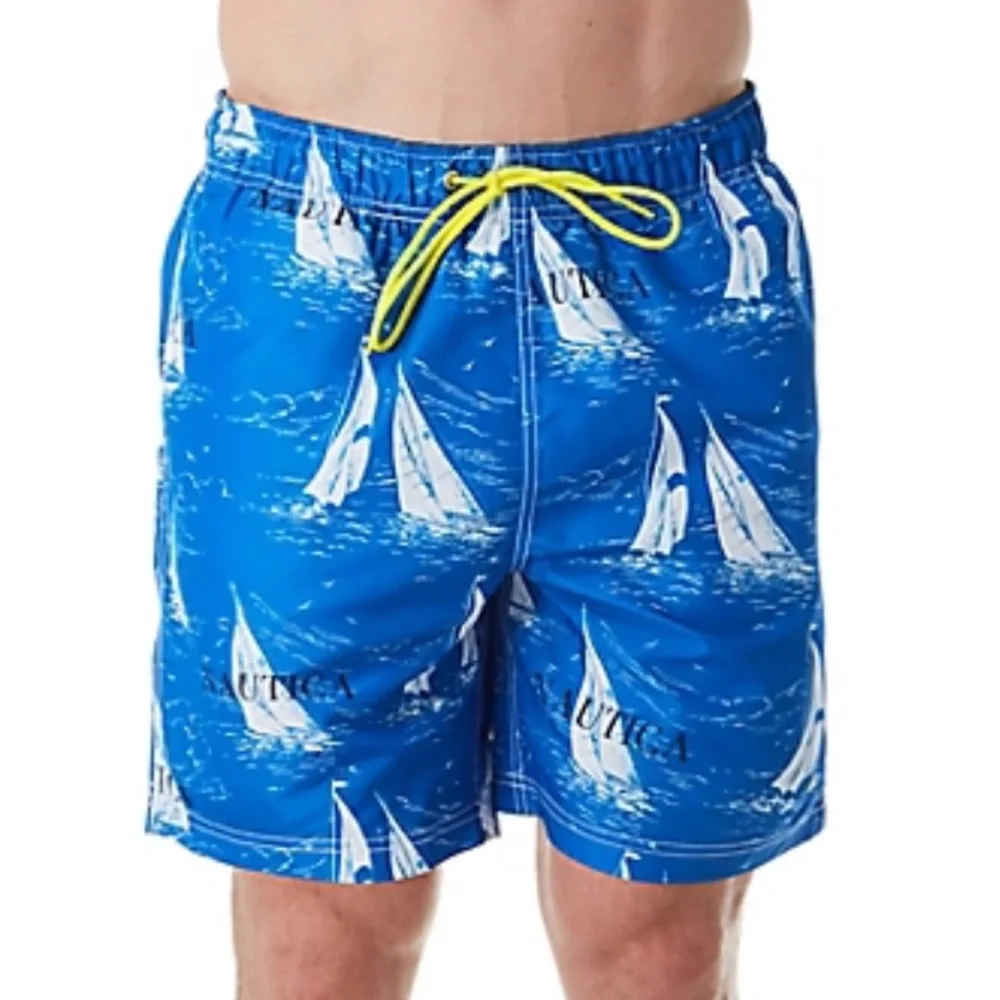 Nautica Vintage Sailboat Print Quick Dry Lined Swim Shorts Blue White Sz XXL NWT